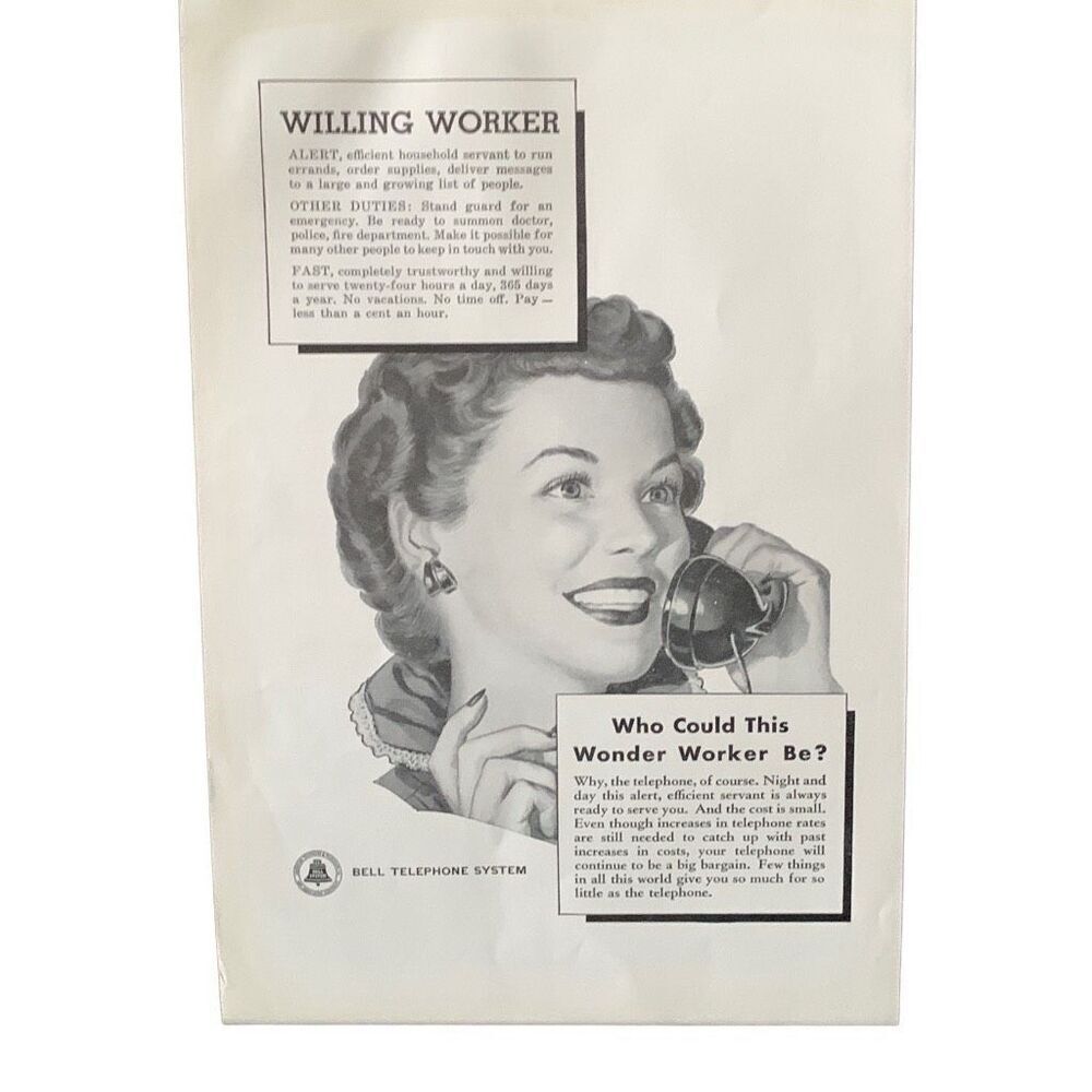 Vintage 1950 Bell Telephone System Willing Worker Ad Advertisement